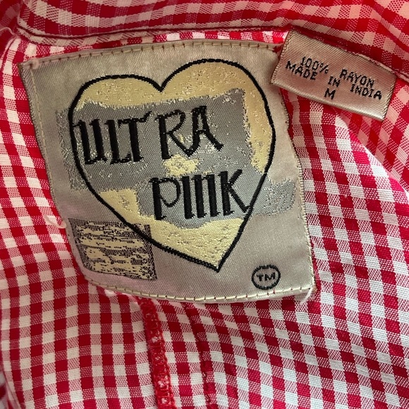 90s Ultra Pink Gingham Cropped Blouse — Pin-Up Western Rayon Shirt M - Picture 4 of 4